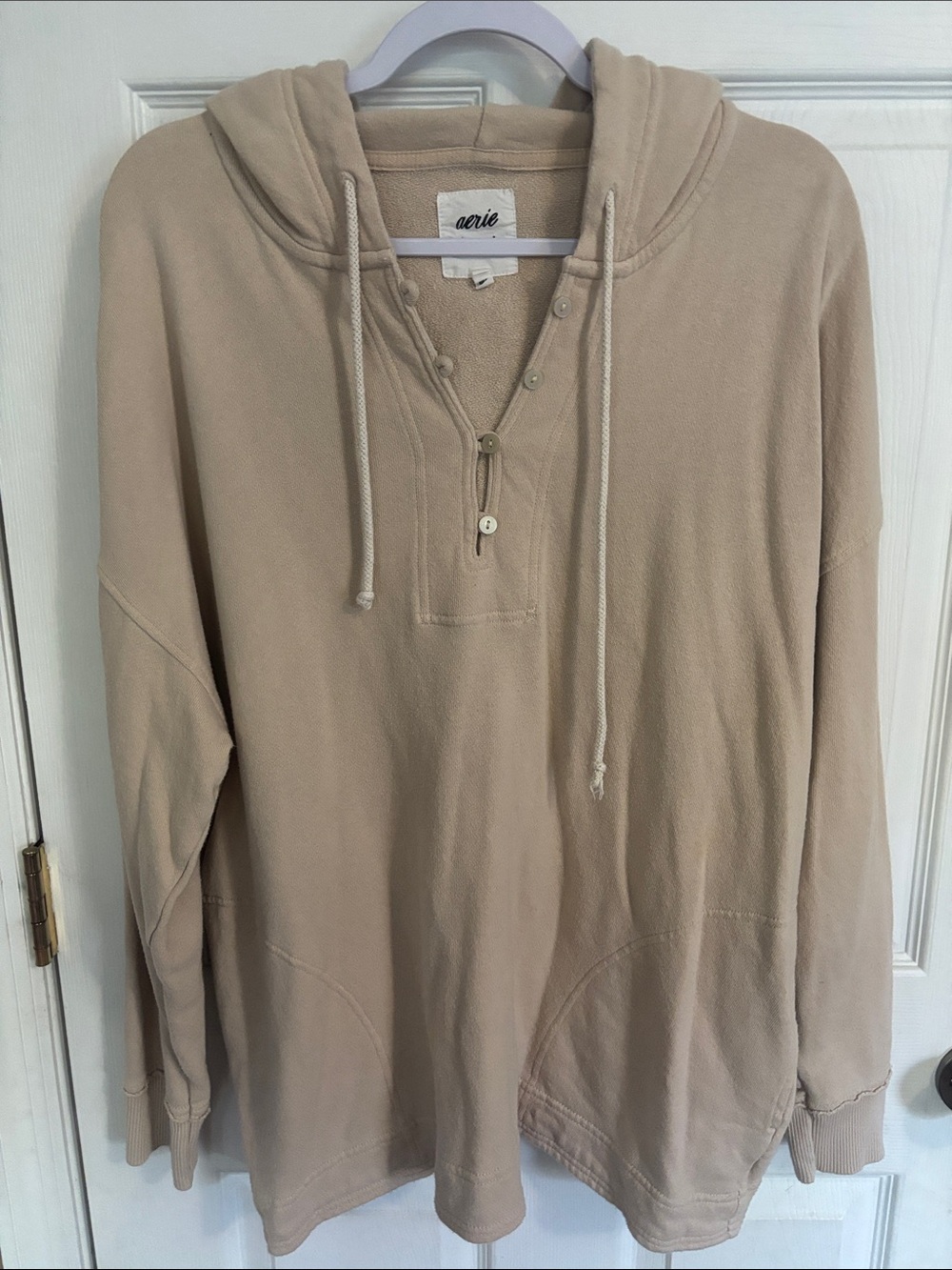 aerie Taupe Hooded Henley Pullover Oversized Sweatshirt with POCKETS!